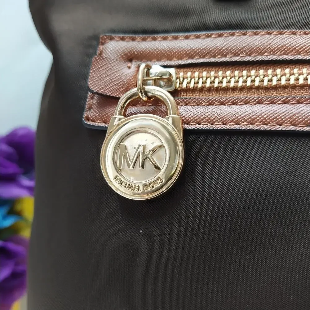 Michael Kors Brown Nylon Leather Trim Double Handles Tote Shoulder Bag